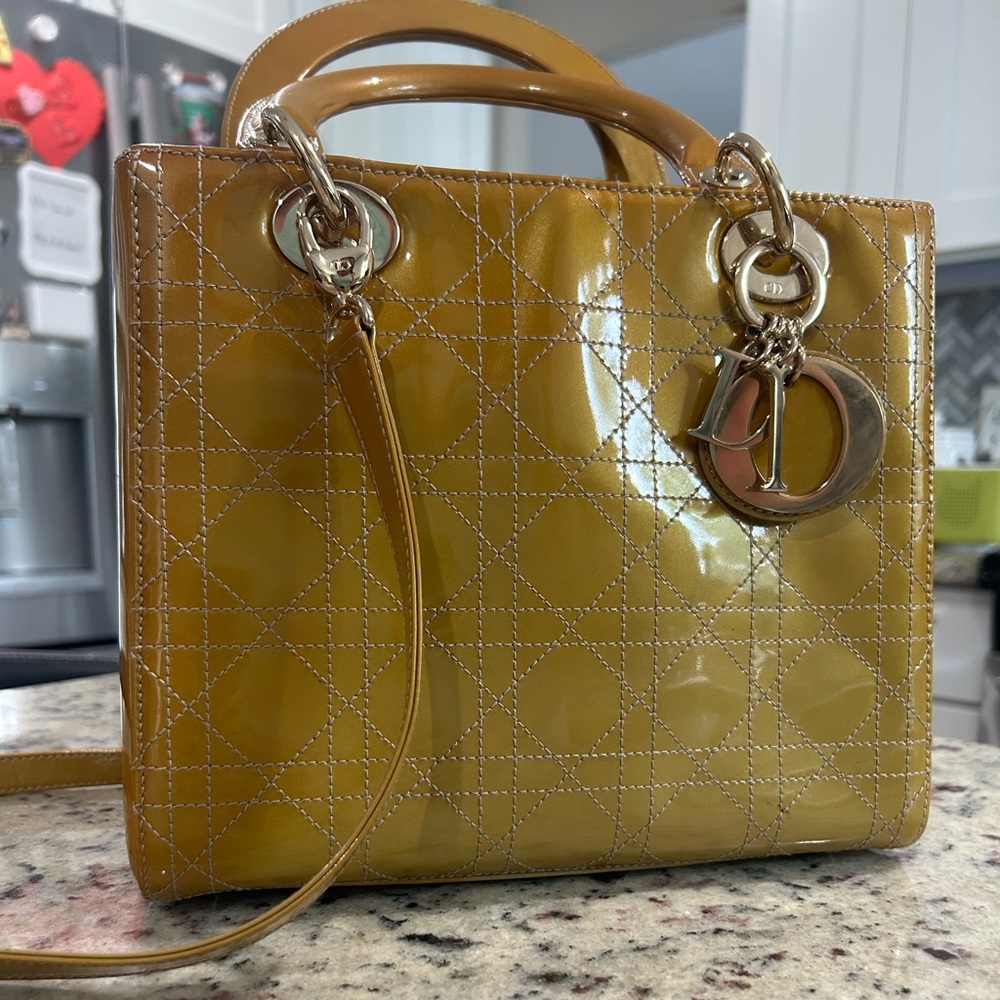 Authentic Gold Patent Medium Lady Dior Bag with COA